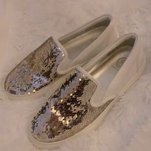 Tory Burch Silver Sparkle Loafers